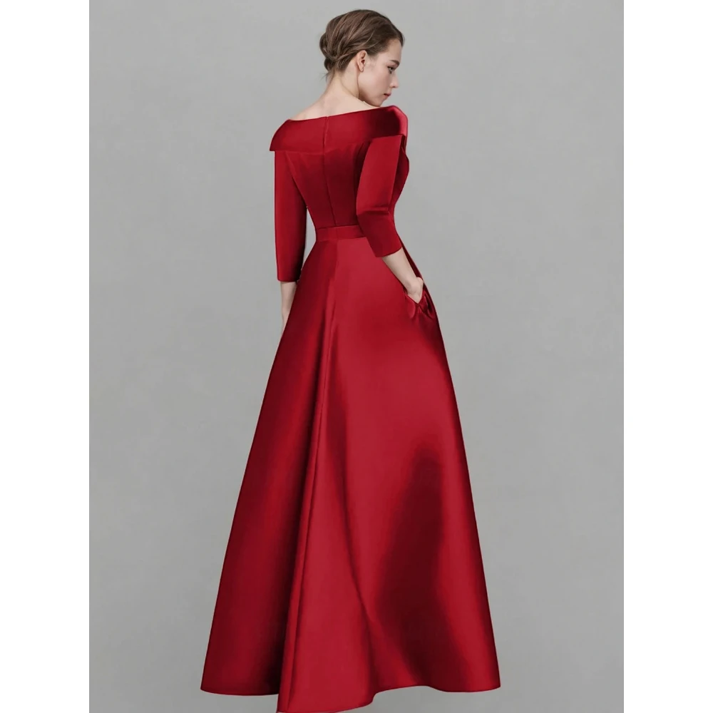 فستان سهرة أحمر عتيق مخصص من الساتان مزين على شكل حرف A فستان طويل أنيق بياقة قميص نصف كم فساتين الحفلات الرسمية