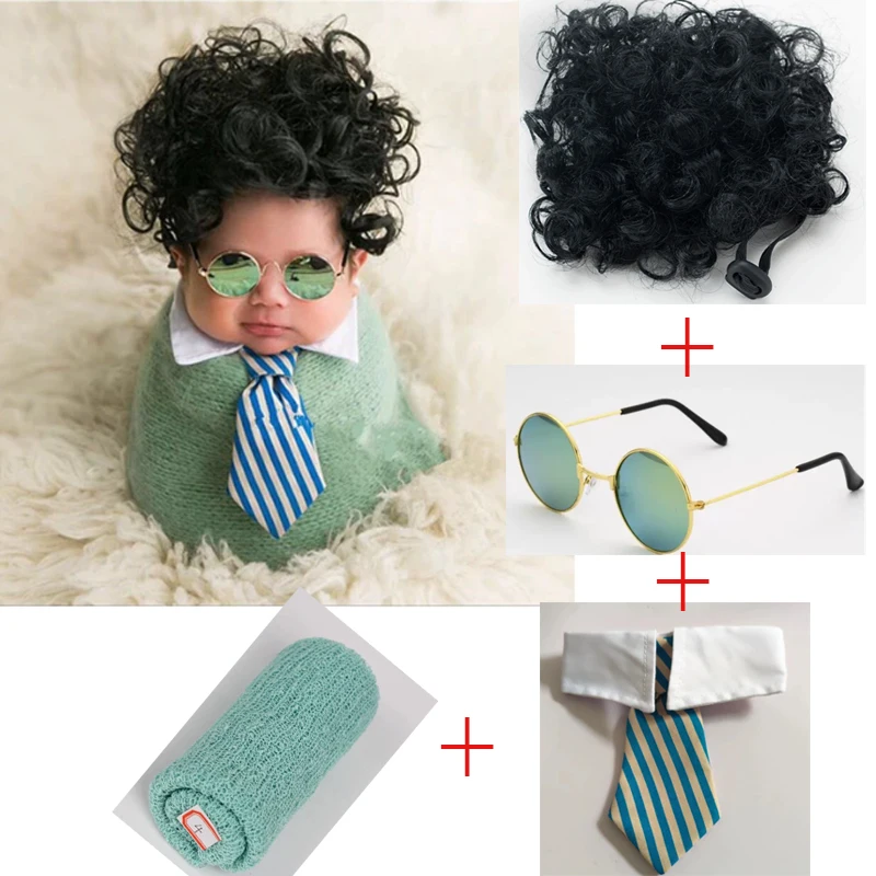 Newborn Photography Props Set - 4PCS Baby Photo Shoot Accessories with Wig Hat, Wrap, Headband & Collar and Glasses for Studio