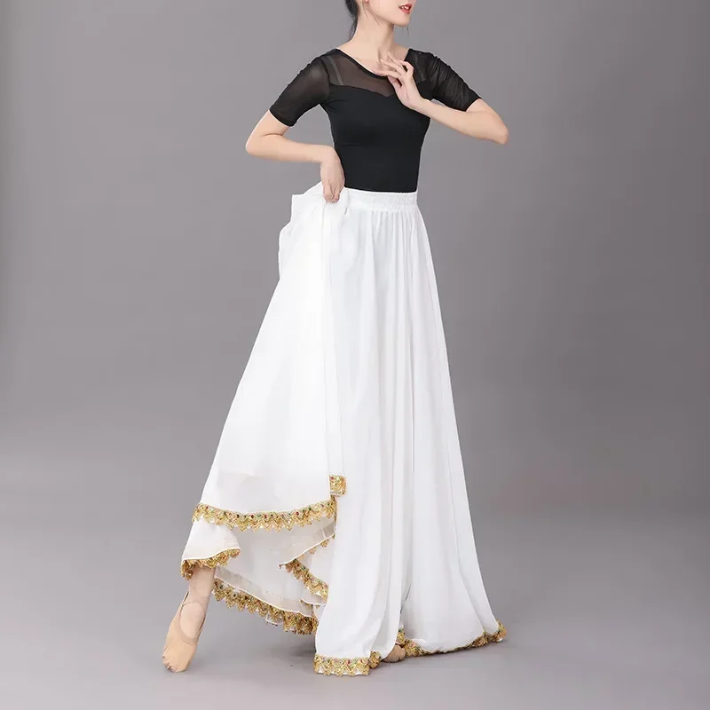 Flamenco Belly Dance Chiffon Womens Solid 720 Degree Pendulum Metal Edge Skirt Gypsy Long Skirts Dancer Practice Long Skirt