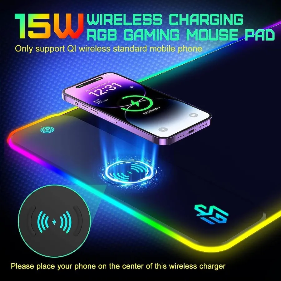 무선 충전 RGB 게이밍 마우스 패드 15W LED 마우스 매트 800x300x4MM 10가지 조명 모드 초대형 마우스패드 미끄럼 방지 고무 베이스 컴퓨터용