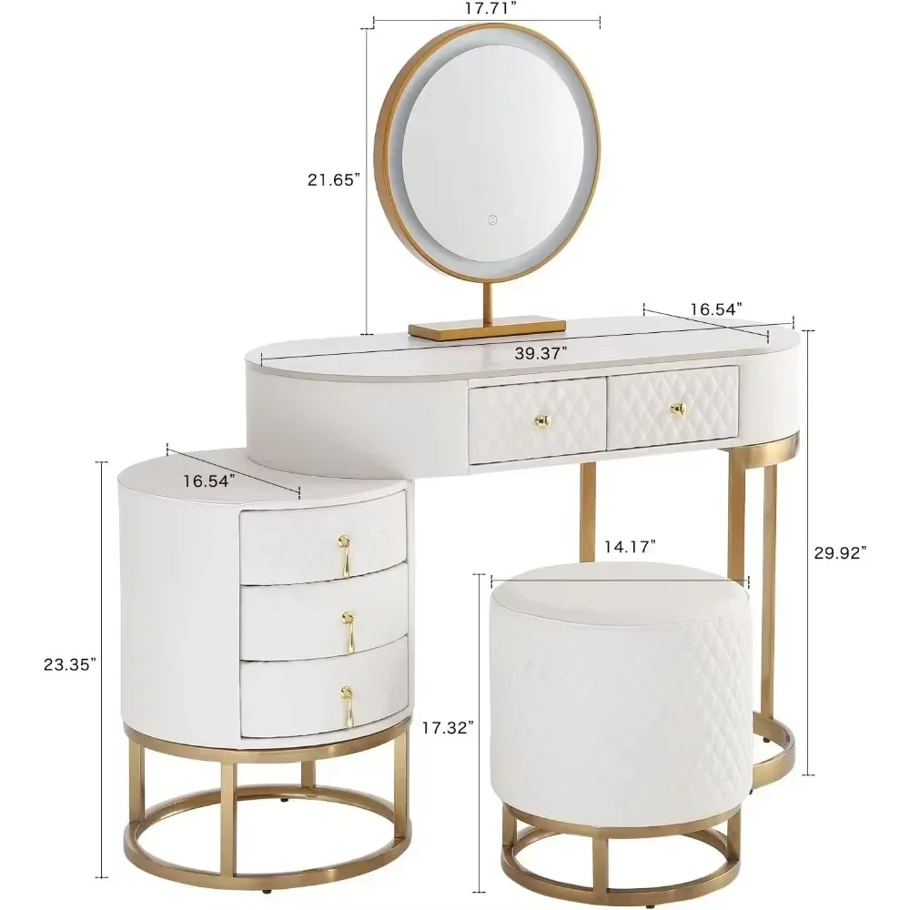 Premium White Faux Leather Vanity Desk Set with Integrated LED Mirror, Comfy Stool and Multifunctional Drawers, White desk