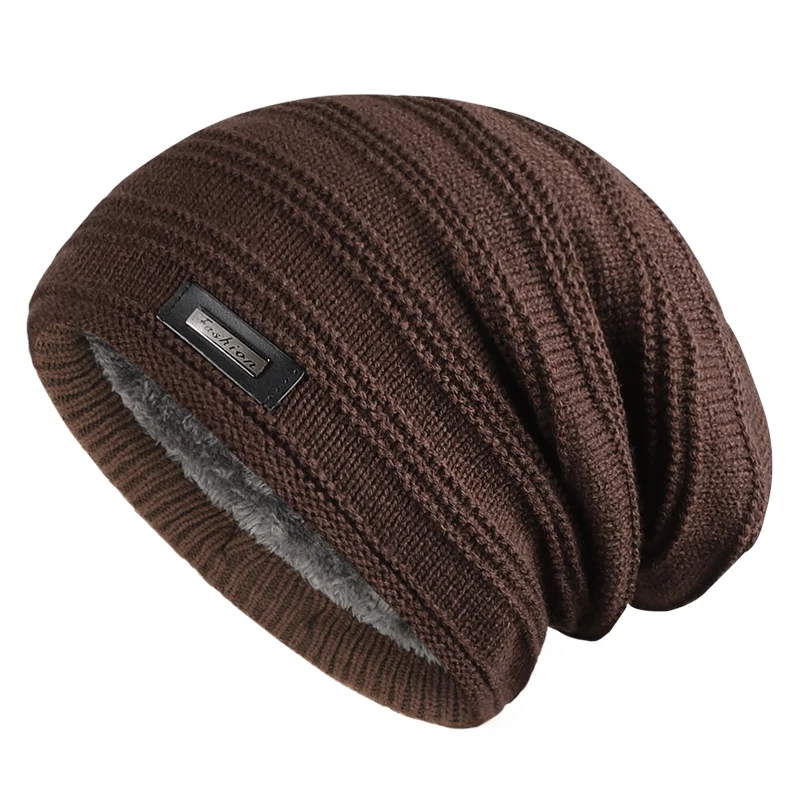 Warm Men\'s Winter Hat Polyester Fleece Lined Knitted Cap Striped Plain Beanies with Tag Fashion