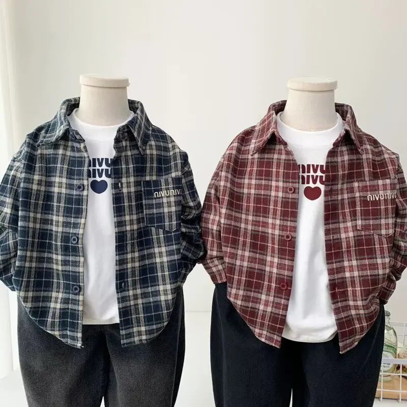 2026 New Children's Long-Sleeved Plaid Shirt Autumn Fashion Boys' Button-Up Shirt Korean Style Casual Girls' Shirt