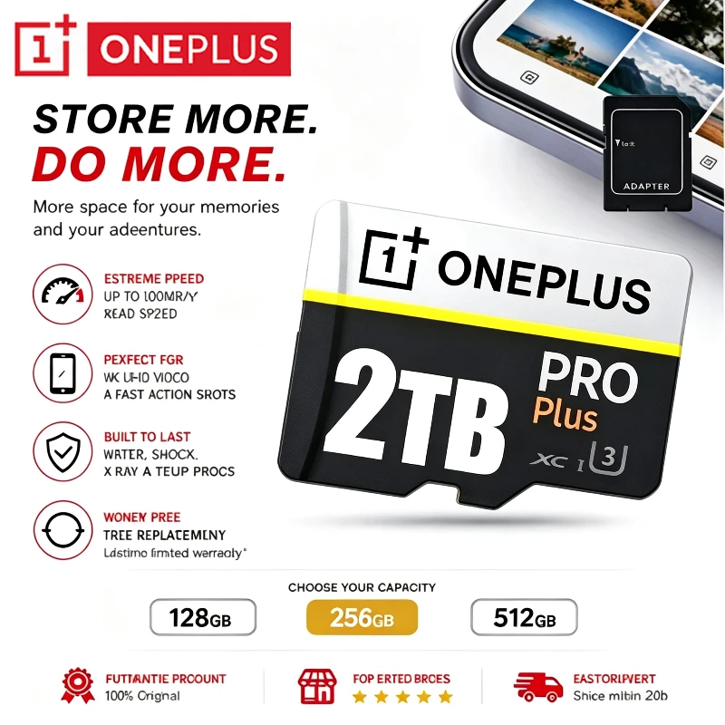 OnePlus 2TB High-Speed V30 A2 4K SD Card 2TB 1TB 256GB Memory Card 1TB Micro TF SD Adapter for Smart phone/Tablet/PC Cross-Use