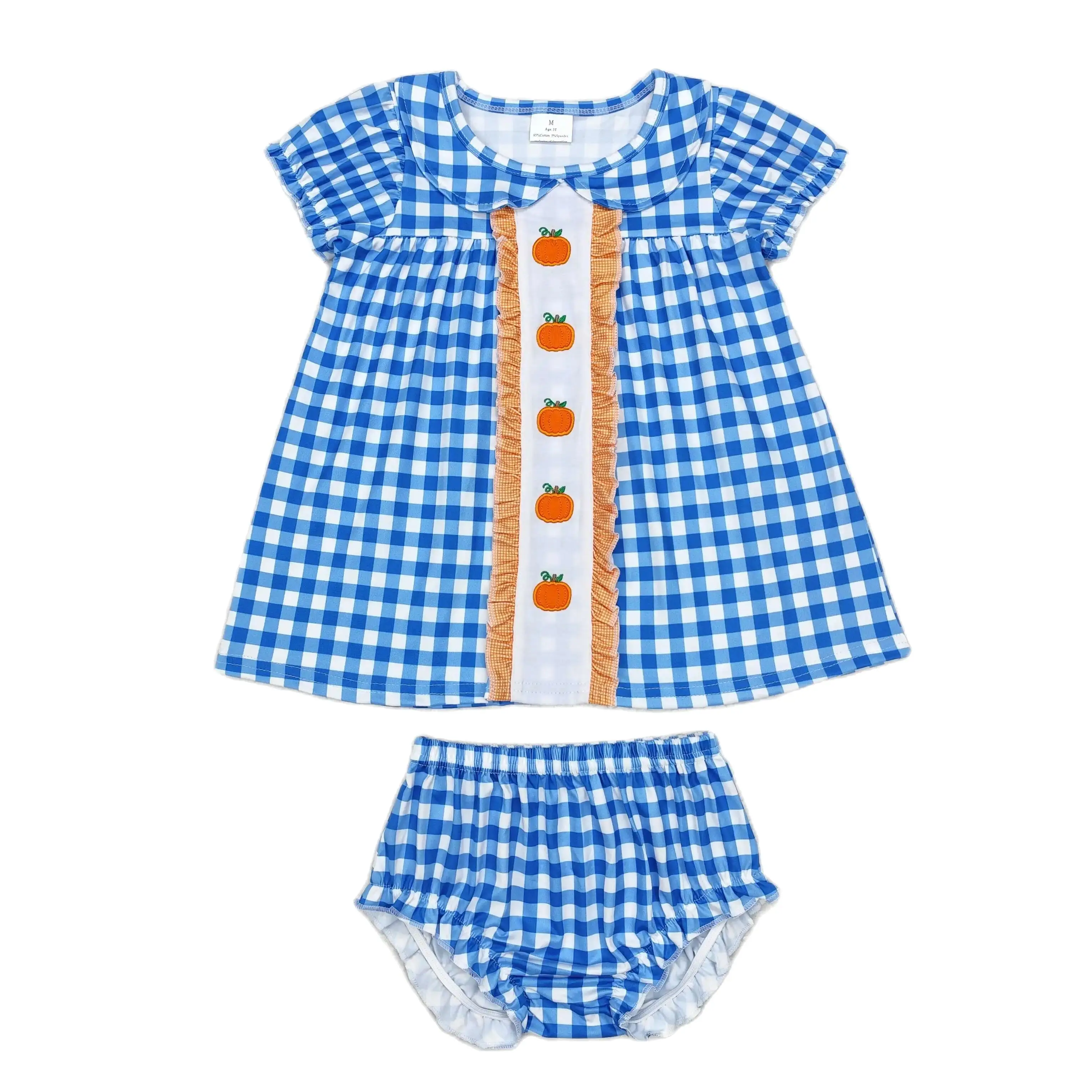 GBO0431 Kids Baby Clothes Outfit Short Sleeves Embroidered Pumpkin Blue Plaid Doll Print With Briefs Children Clothes Rts No Moq