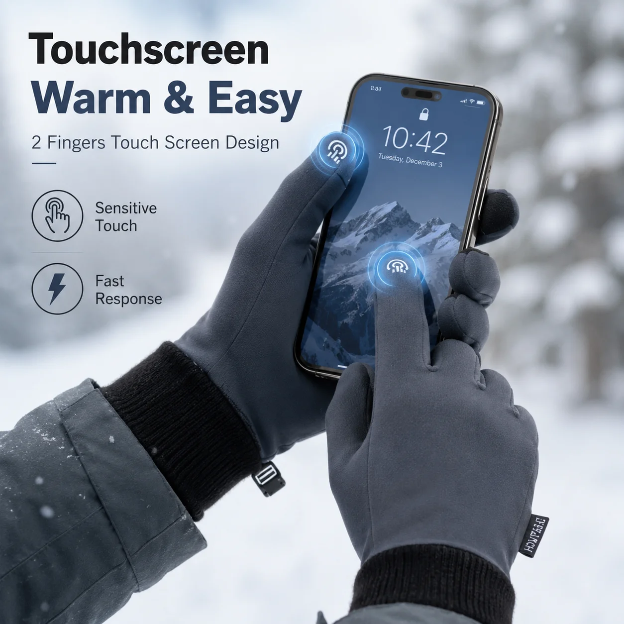 Grey Winter Touch Screen Gloves Windproof Waterproof Warm Anti‑Slip Outdoor Gloves for Cycling Running Hiking Sports