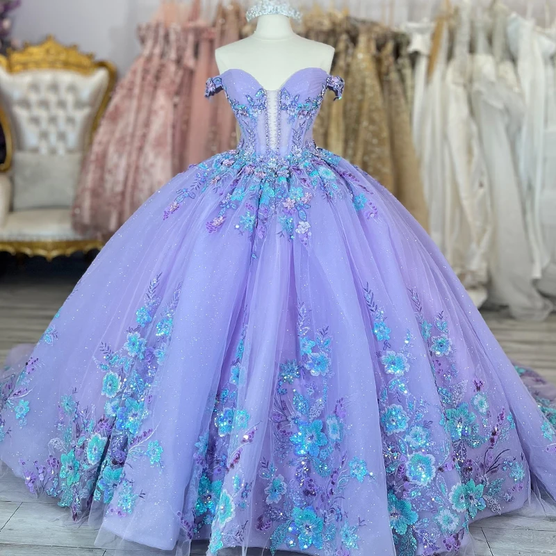 

Lavender Shiny Quinceanera Dresses Ball Gown Off The Shoulder Sequin Applique Beading Crystal Tull Party Birthday Sweet 16 Vesti