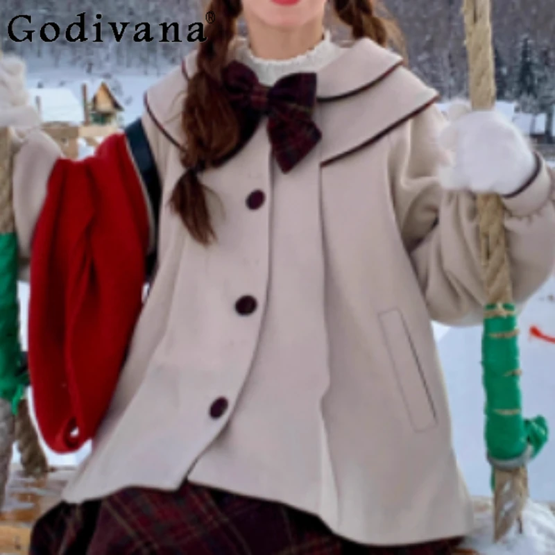 

Winter Sweet Beautiful Women Bow Short Long-sleeved Coffee Woolen Coat Fashion Versatile Age-reducing Leisure Japanese Coats