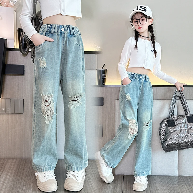 Cowgirl Ripped Jeans With Hole Kids Girls Casual Style Destroyed Denim Pants Spring Autumn Child High Street Clothes 5 to 14 Y