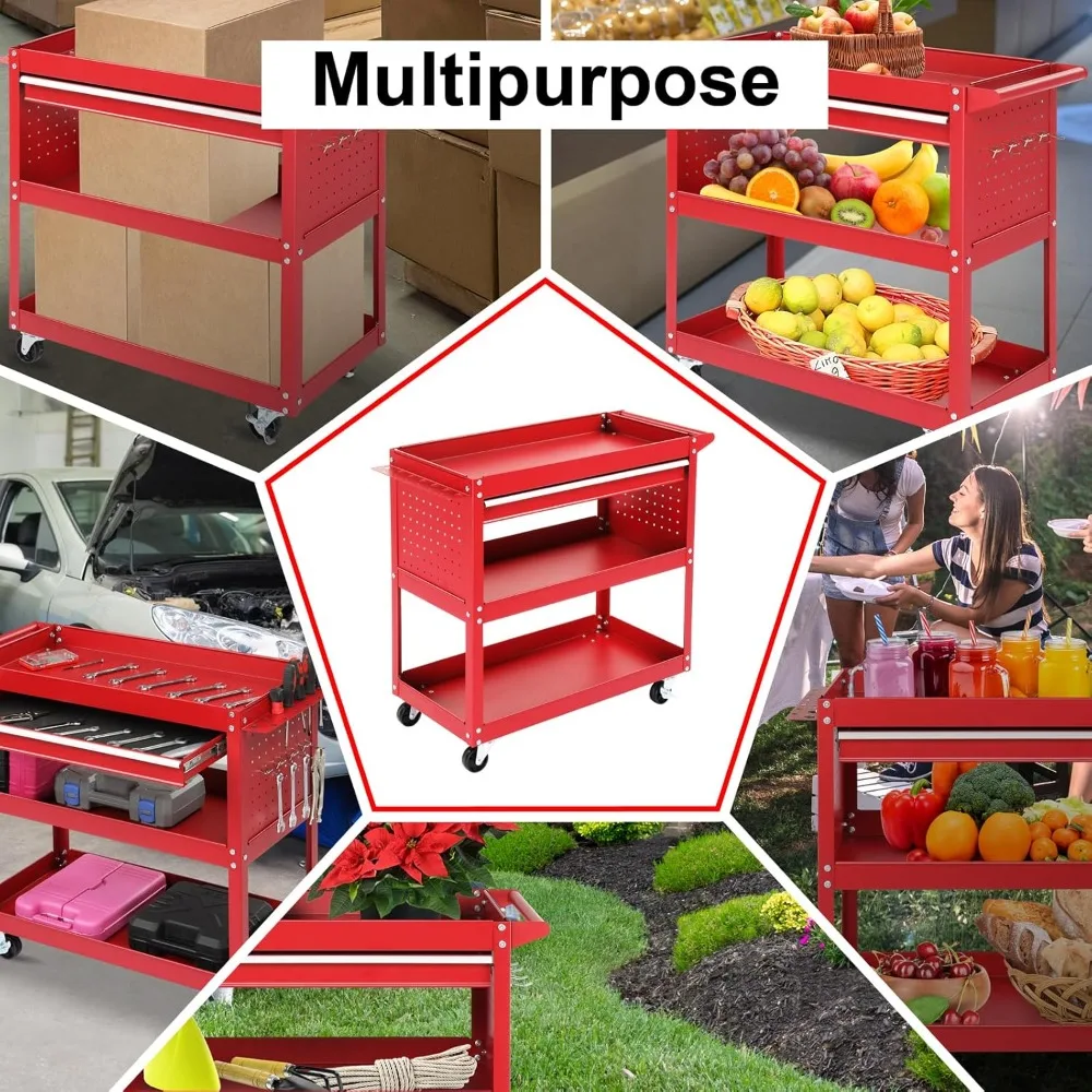 عربة أدوات دوارة من 3 طبقات مع أدراج، عربة أدوات شديدة التحمل على عجلات، صندوق أدوات دوارة للمرآب والمستودعات والمصنع