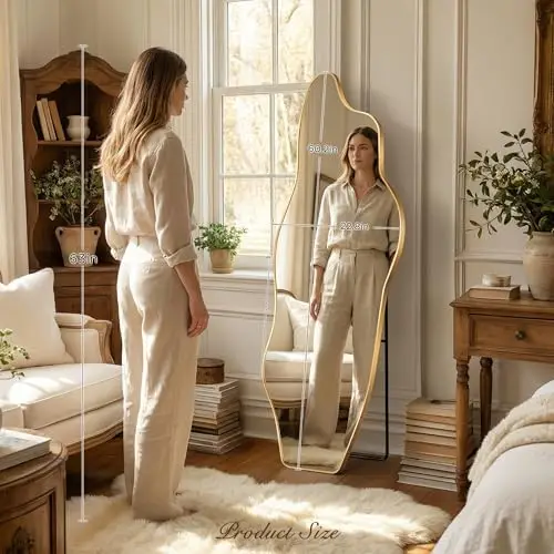 Irregular Full Length Mirror, Wavy Asymmetrical Gold Floor Mirror with Stand, Full Body Standing Wall Mirror, Modern