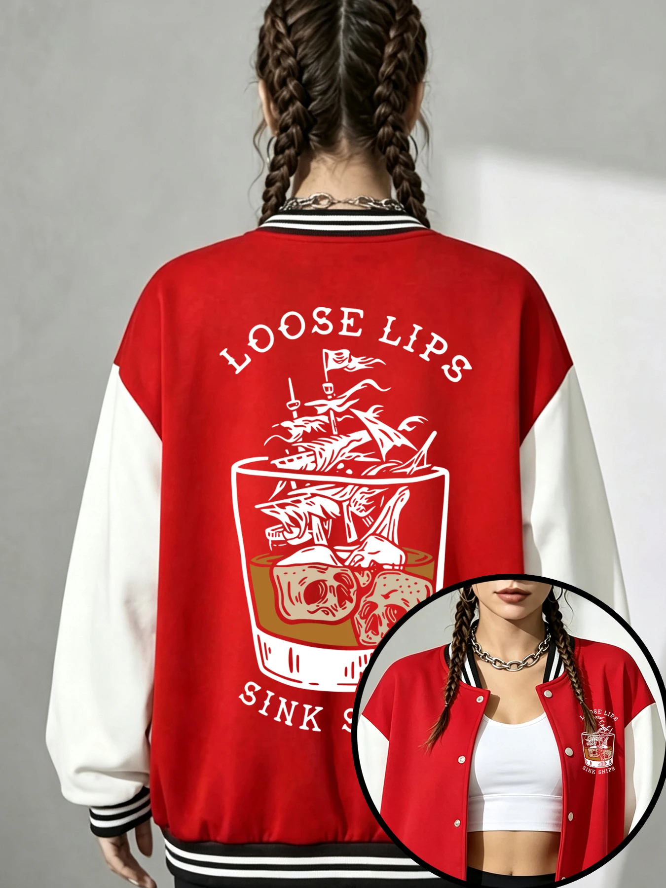 Loose Lips Sink Ships Glass Ship Printing Women Baseball Uniform Autumn Cotton Jackets Colorful Sportswear American Clothing