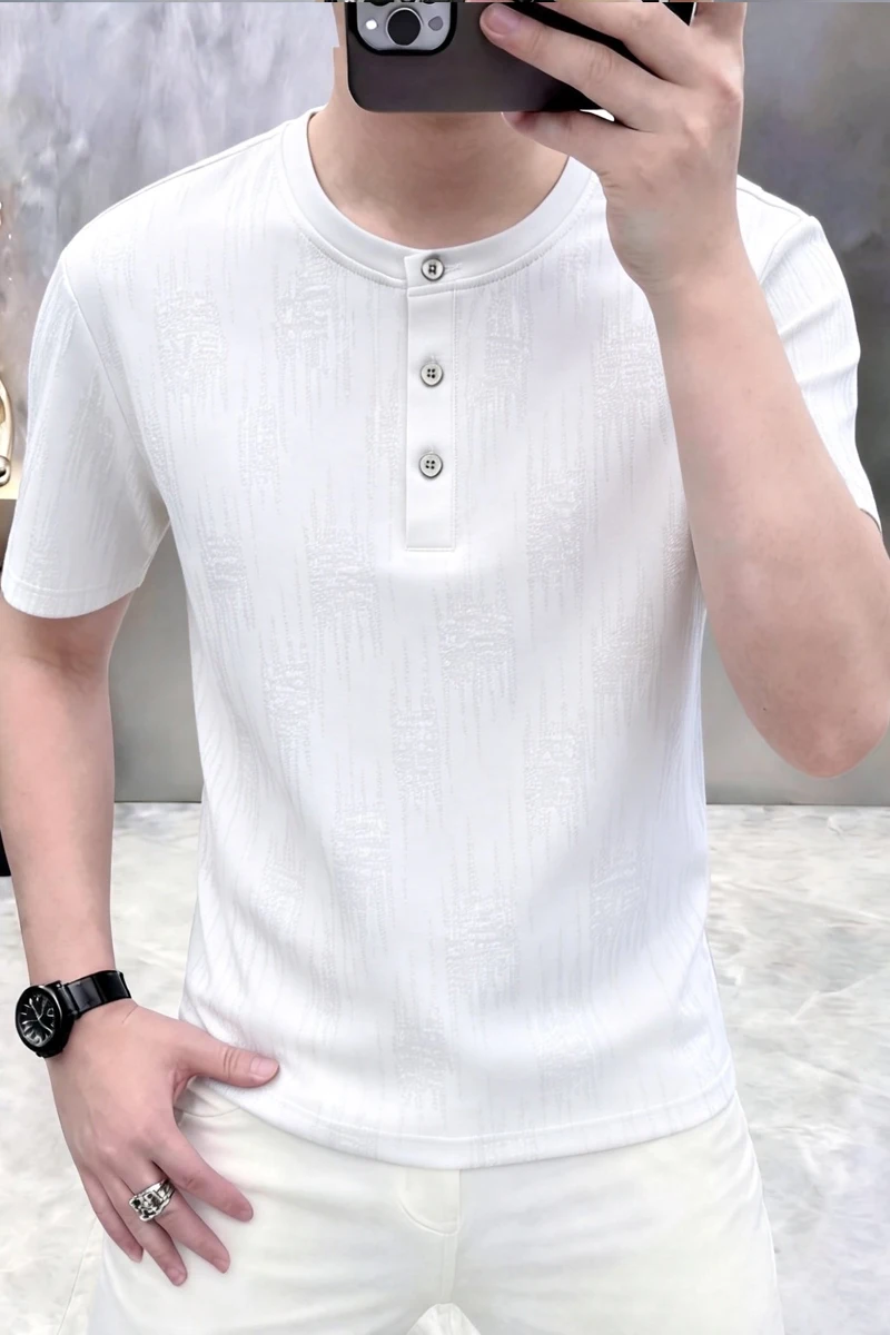 2026 Summer New Style Men's Solid Color Knitted Shirt Short-Sleeve T-Shirt Luxury Breathable Casual Multi-Complimenting Round Co