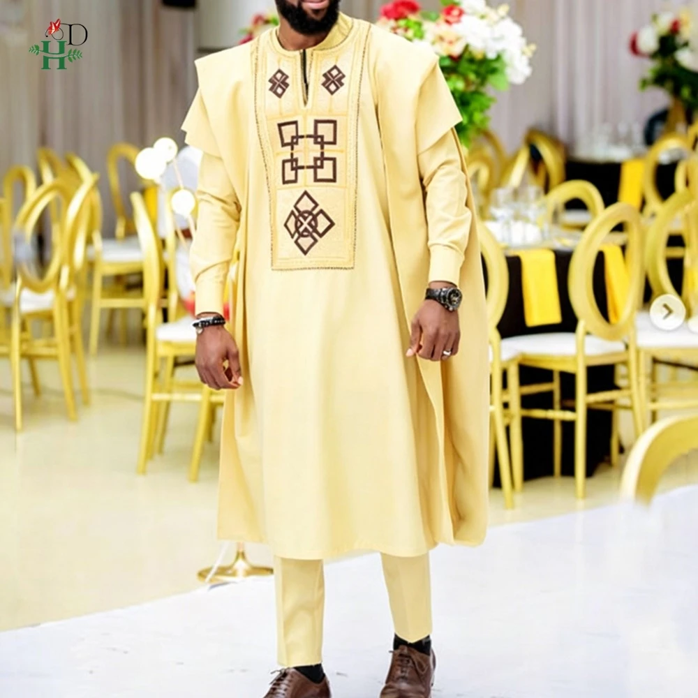 H&D Hochzeitskleid Afrikanische Kleidung für Herren Traditionelle Agbada-Sets Dreiteiliger Anzug Hemd Hose Stickerei Hochzeitsfeier Anzüge