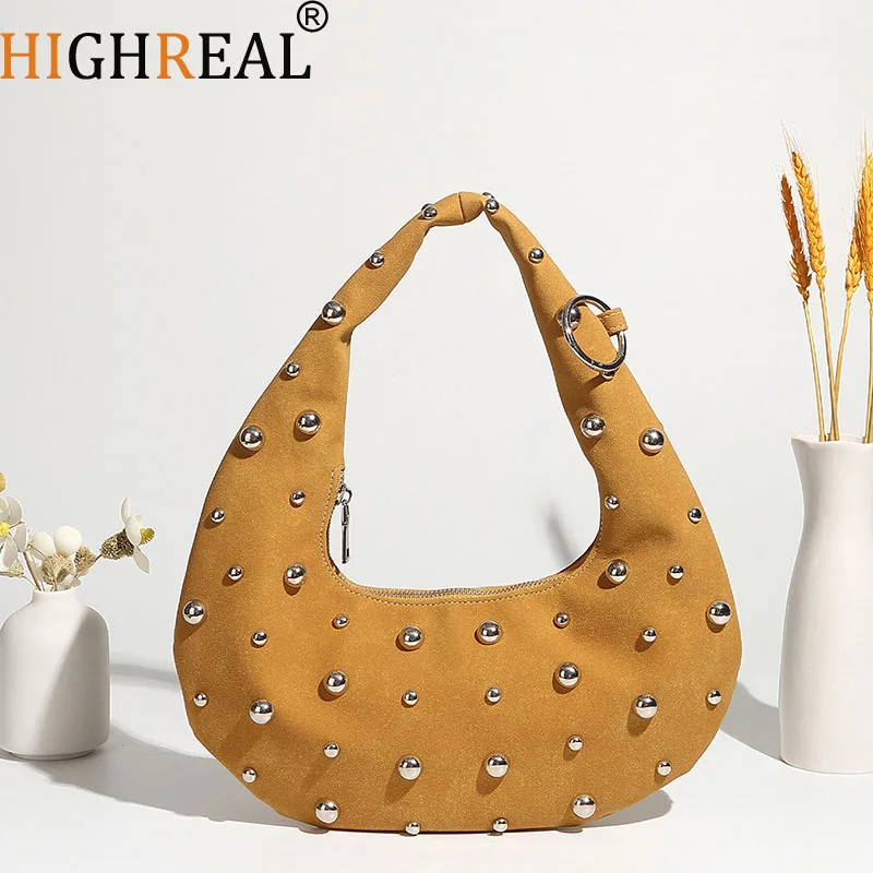 

Винтажные женские сумки на плечо из искусственной замши с заклепками в форме полумесяца, дизайнерские женские сумки в стиле панк, роскошная сумка из искусственной кожи под мышками, маленький кошелек