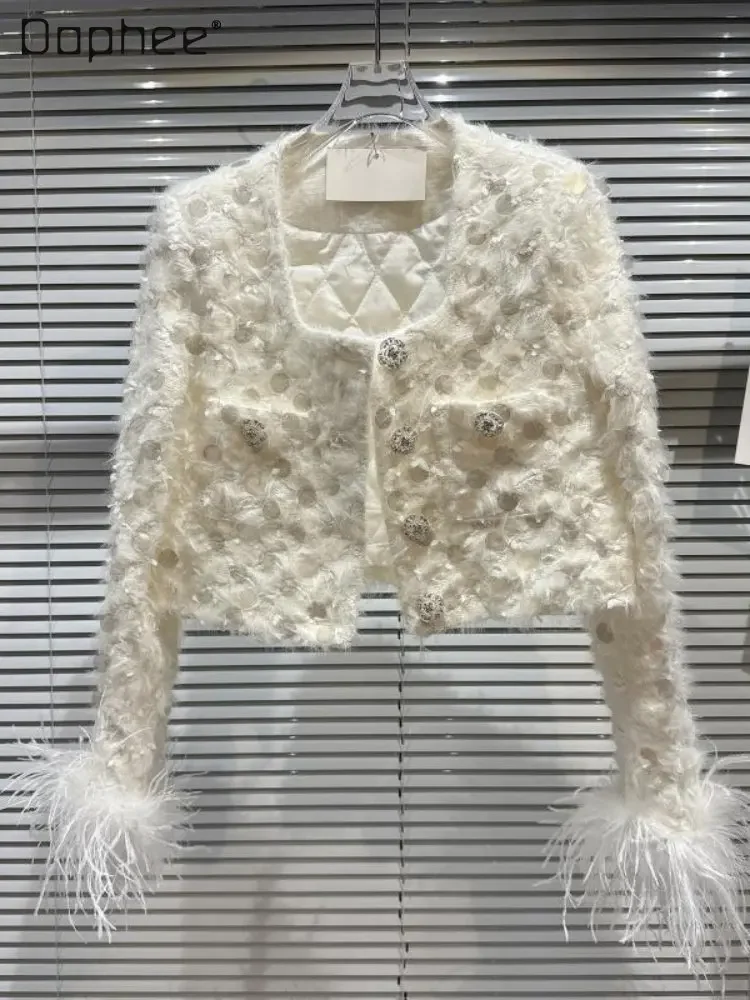 

High-Definition Drill Buckle White Crop Jacket 2023 Spring New Elegant Woman Ostrich Fur Sleeve Sequined Quilted Short Coats