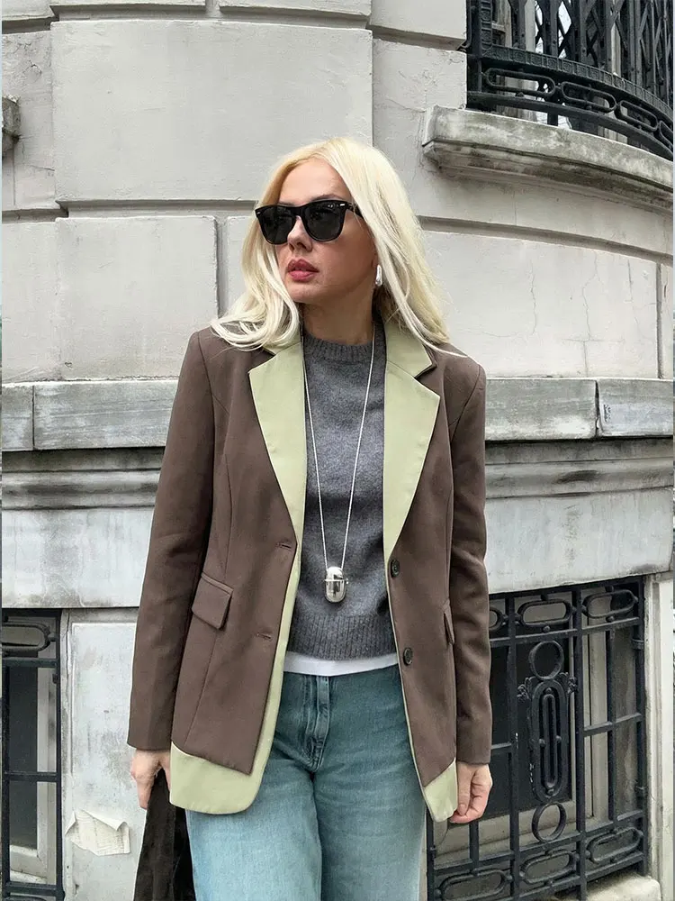HH, chaqueta de retazos a la moda para mujer, chaqueta de traje de manga larga con una hilera de botones, tendencia de primavera y otoño, prendas de vestir elegantes para mujer de calle alta