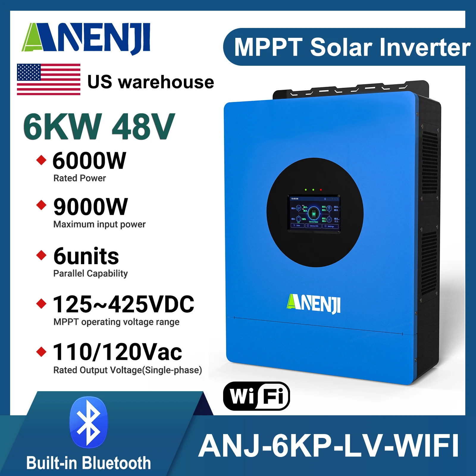 

Гибридный солнечный инвертор ANENJI, 6 кВт, 48 В/110 В, MPPT120A, встроенный Bluetooth и Wi-Fi, двойной вход, параллельный, до 6 единиц, RS485 CAN