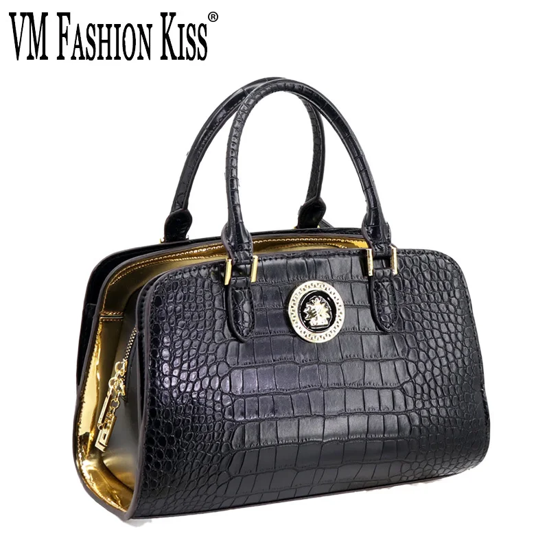 VM FASHION KISS Women's Luxury Handbag Microfiber Crocodile Pattern Boston Messenger Bag Versatile Elegant Ladies Shoulder Bag