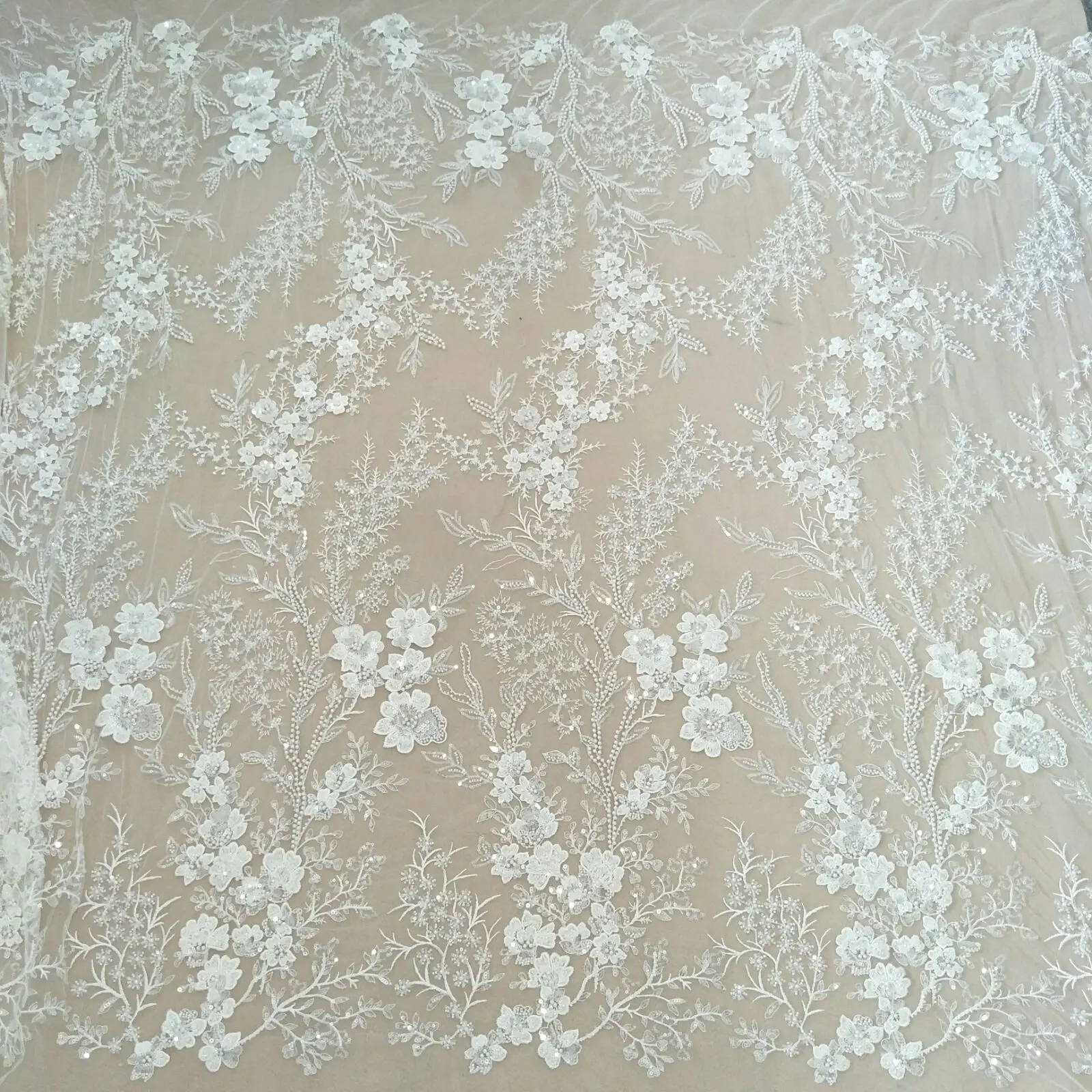 New arrival sequins lace fabric with beads 130cm width dress lace fabric sell by yard