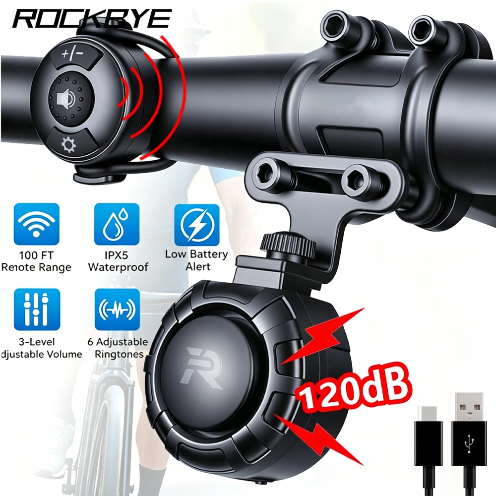 Rockbye bicicleta sino elétrico recarregável mtb scooter estrada guiador chifre 3 modos de alarme som anel sino ciclismo accessorie