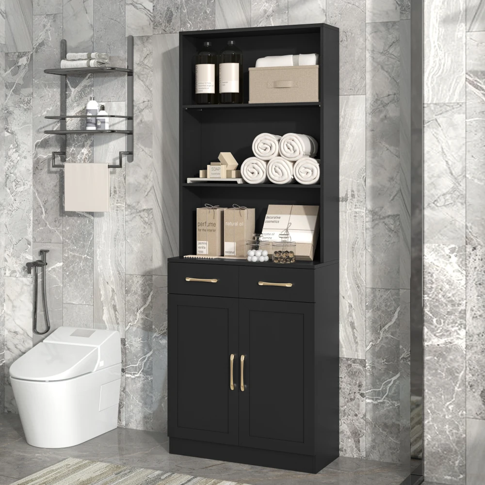 Bathroom Storage Cabinet, Cabinet with Two Doors and Drawers, Adjustable Shelf Three-layer Open Shelf MDF Board Bathroom Cabinet