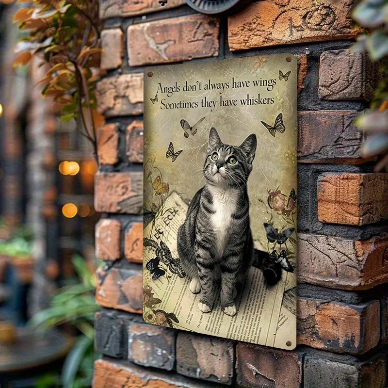 لافتات فنية مسطحة ثنائية الأبعاد للقطط الرجعية - "الملائكة لا تتطلب أجنحة، في بعض الأحيان لها شعيرات" - قطة مضحكة، فراشة