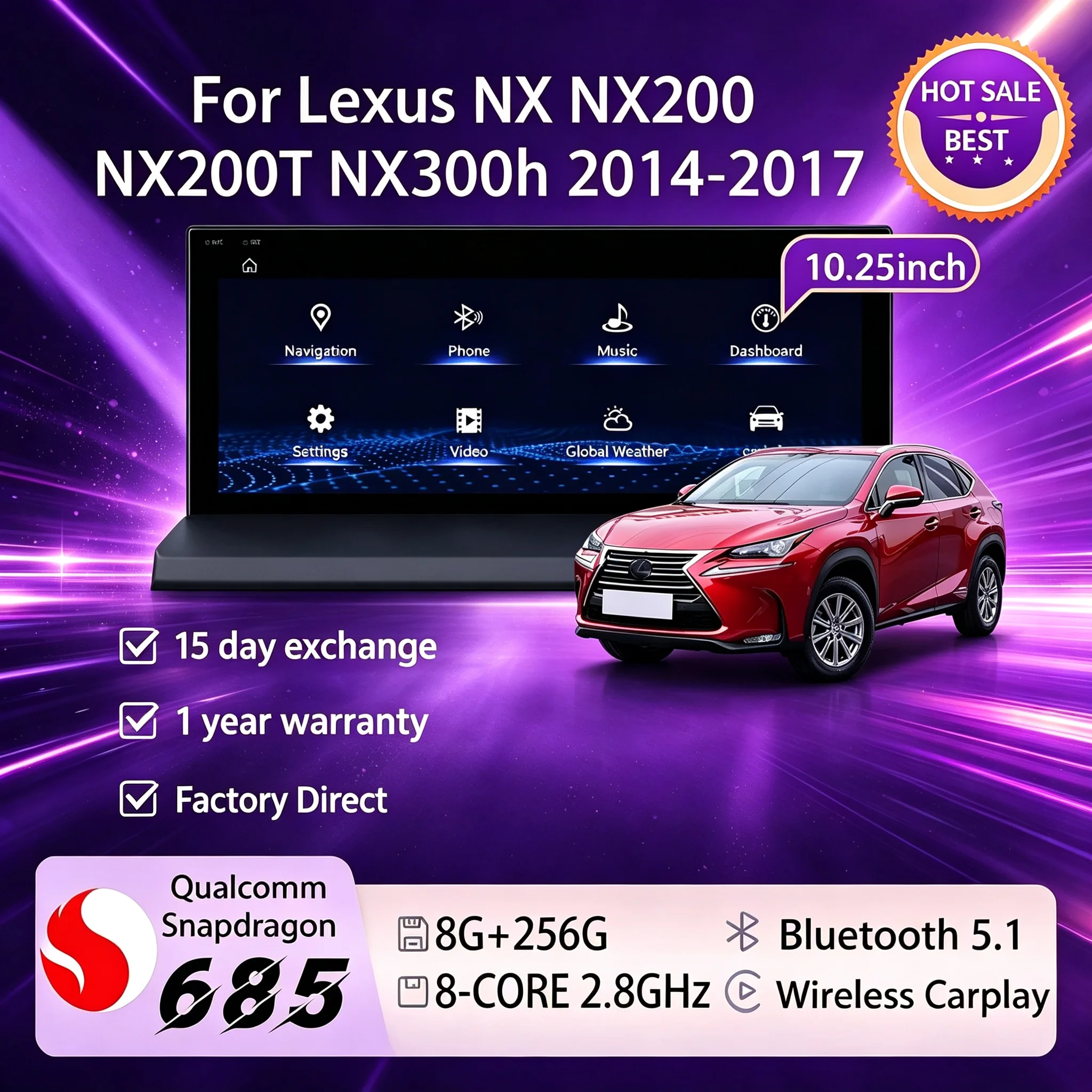 Lexus NX 10.25'' Car Radio with Android 14 GPS Navigation Carplay Multimedia for NX200 NX200T NX300h 2014-2017 Snapdragon 685