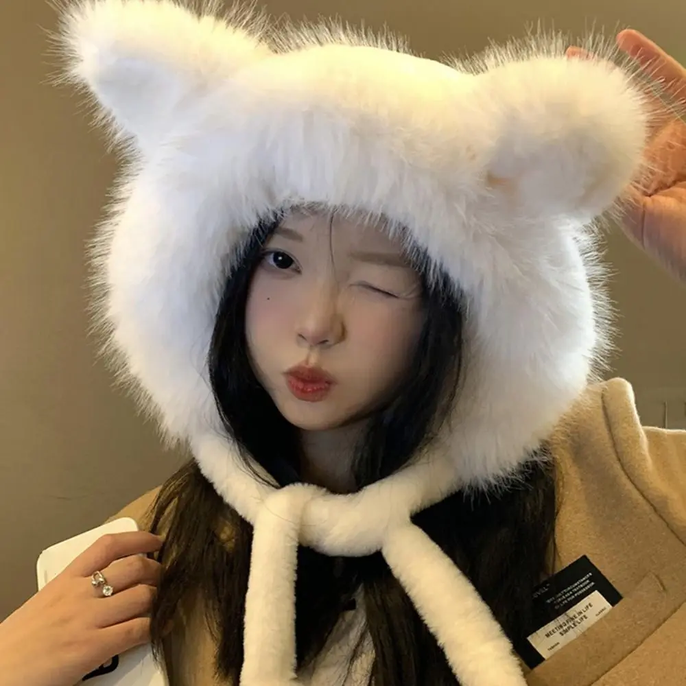 Outdoor Warm Ear Protection Hat Thickened Plush Bucket Hat Soft Cute Plush Fox Ears Hat Women