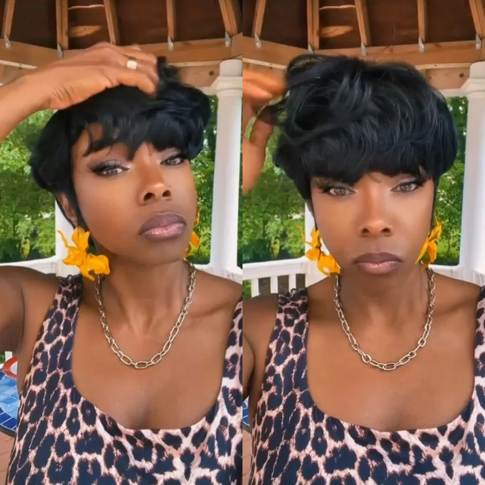 

Pixie Cut Human Hair Wig Short Straight Wig with Bangs Natural Black Glueless Wig for Women Everyday Wear