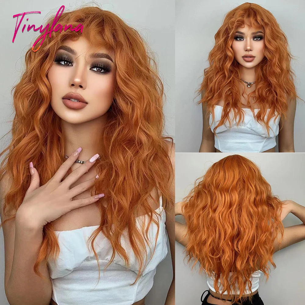Long Wavy Orange Brown Synthetic Wig with Bangs, Cosplay