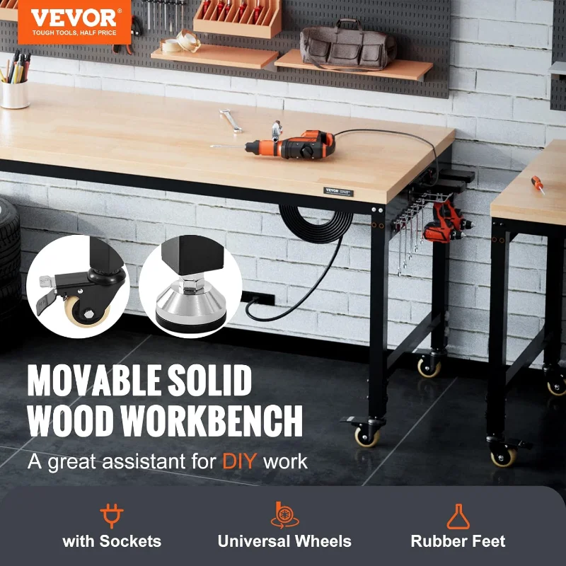 VEVOR Workbench for Garage 72" Adjustable Workbench, Heavy-Duty Hardwood Worktable with Universal Wheels, 3000 LBS Load Capacity