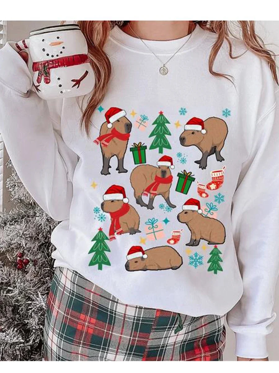 Frauen Weihnachten Lose Sweatshirts Tier Druck Rundhals Langarm Pullover Tops Herbst Winter Casual Oversize Hoodies 2025