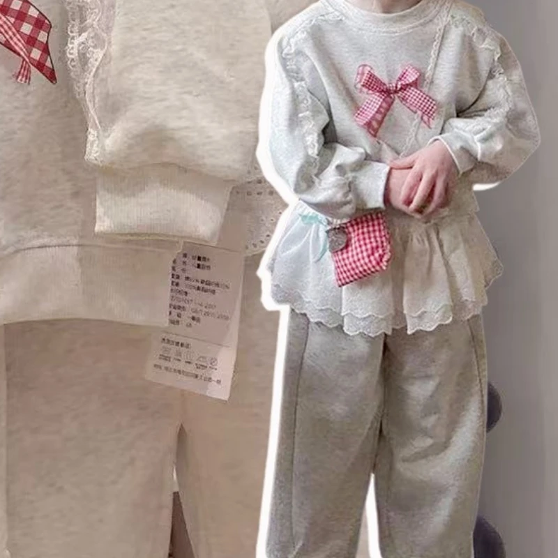 

Children's Clothing 2025 Spring and Autumn Winter Collection Korean Cartoon Printed Bow Set Sweet High Waist Casual Fashion