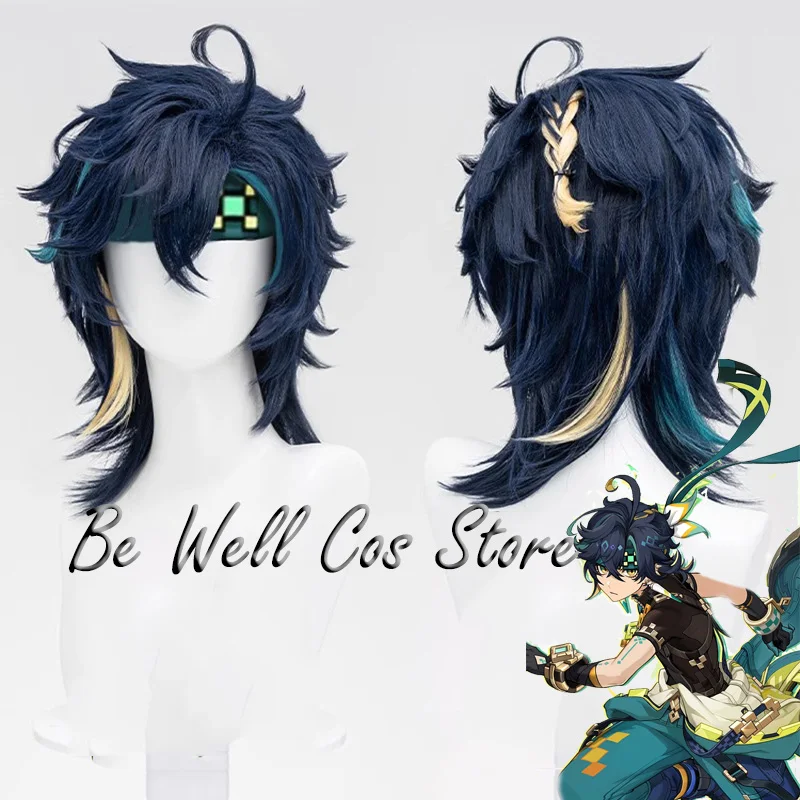 Game Genshin Impact Kinich Cosplay Wig 38cm Short Blue Green Gradient Hair Women Men Halloween Role Play Prop