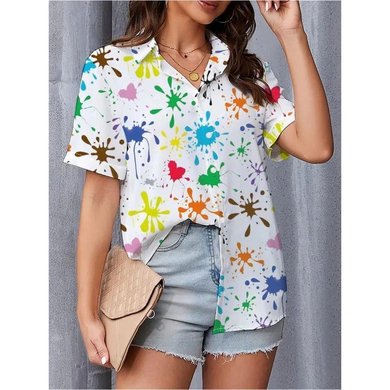 Women Lapel Short Sleeve Shirt Floral Heart Star Pattern Red Yellow Blue Green Lively Bright Fashion Versatile Button Front
