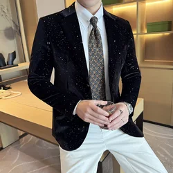 Korean Style Men Blazer Jacket Luxury Fit Slim Wear Velvet Sparkling Dots Gradient Dress Suit Coat Male Red Black