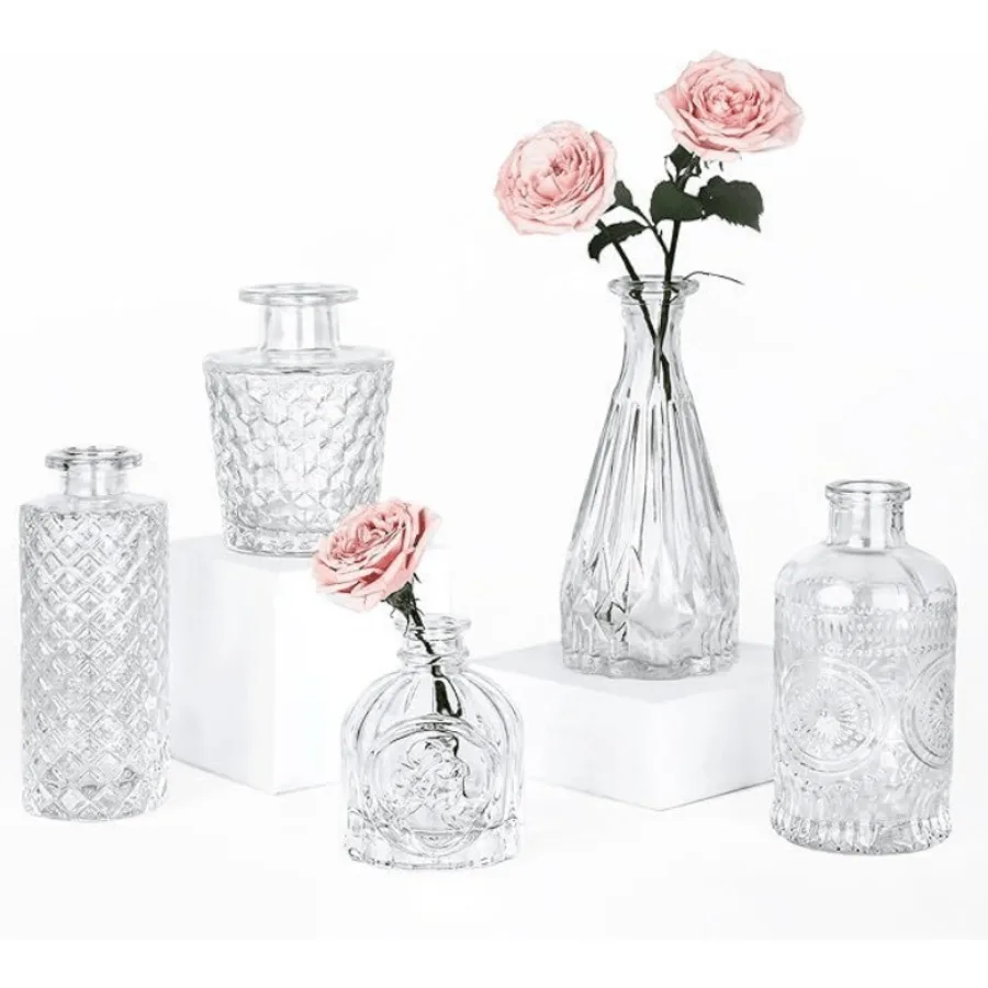 

Набор из 5 маленьких прозрачных стеклянных ваз для цветов, винтажные мини-вазы для центральных композиций, оптом, для свадебного декора и украшения домашнего стола