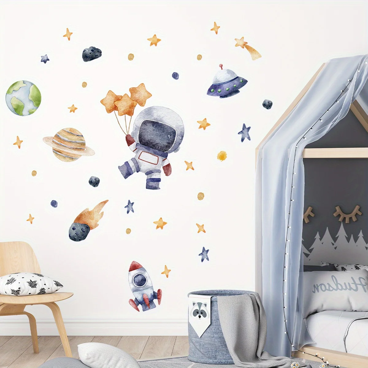 Cartoon Cute Astronaut Spaceship Rocket Planet Star Space Wall Stickers for Bedroom Living Room Nursery Decoration Wall Decal