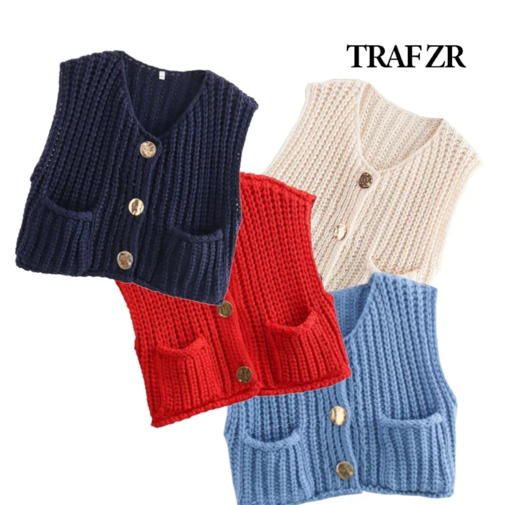 TRAF ZR 탱크 & 캐미스 오프 숄더 크롭 탑, 골든 버튼 탱크 조끼, 여성용 스웨터 조끼, 니트 카디건, Y2k 탑