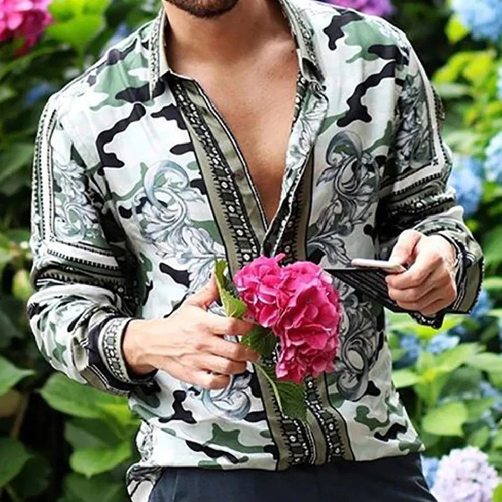 Men's Retro Floral Print Long Sleeve Shirt Men's Casual All-match Fashion Street Men's Shirt Lapel Single Breasted Long Sleeve