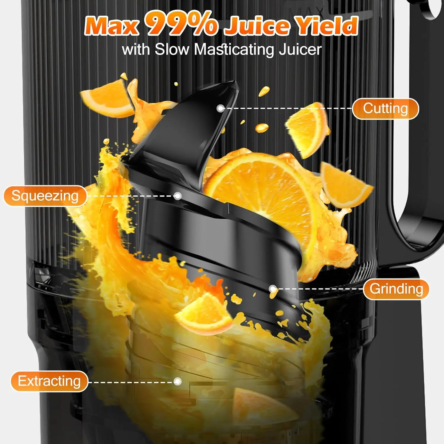 آلات مع شلال تغذية كبيرة جدًا مقاس 6.1 بوصة، عصارة ضغط بارد للخضروات والفواكه بالكامل، عصير مضغ احترافي بقدرة 350 وات