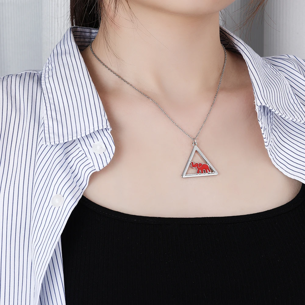 Red Elephant Triangle Pendant Necklace Stainless Steel Animal Charm Jewelry Cute Gift for Women Girls Fashion Accessories  ﻿