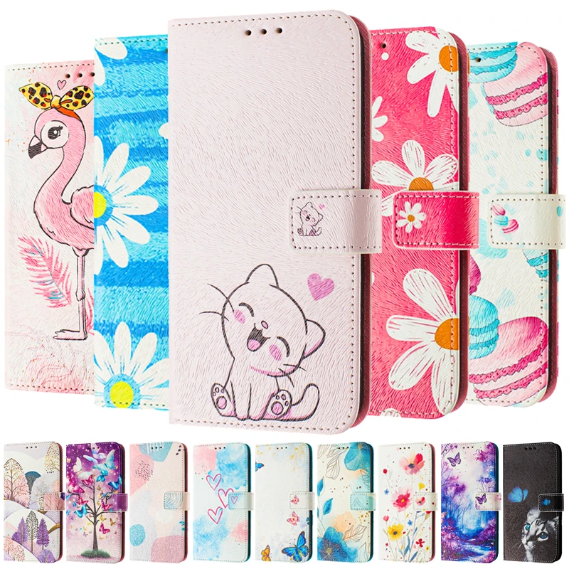 Note8 Leather Phone Case For Xiaomi Redmi Note 8 Pro 2021 7 6A 8A Note7 Flip Cover Wallet Magnetic Painted Cases Cat Flower Bear