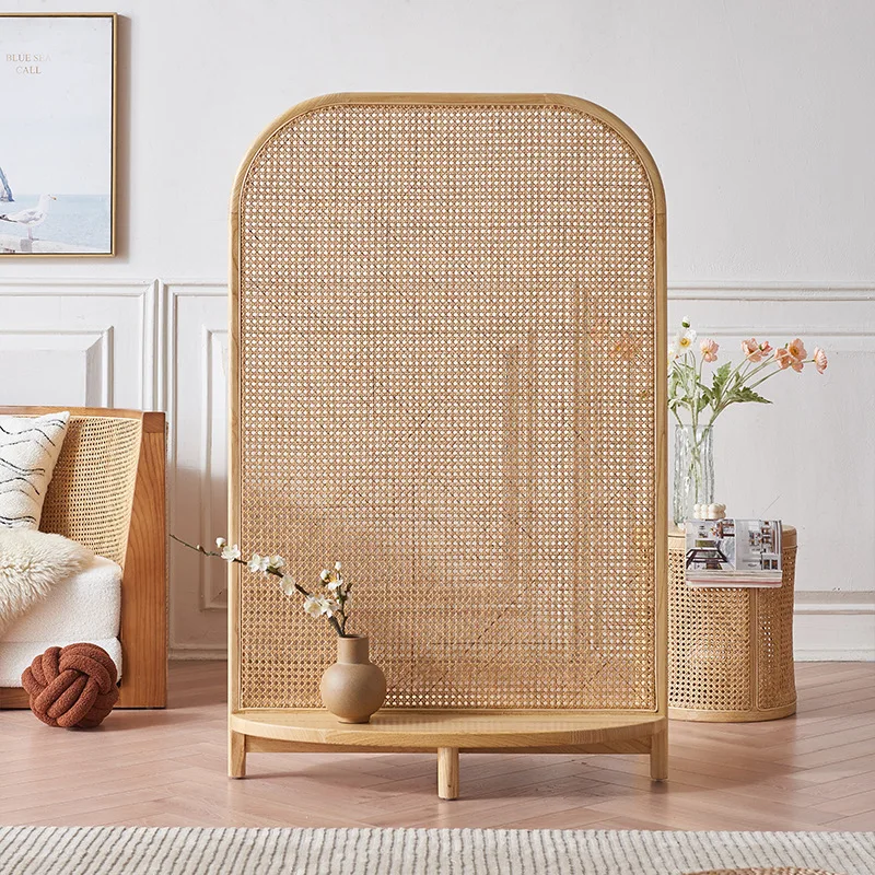 vintage solid wood rattan woven screen wabi-sabi living room mobile bedroom blocking partition simple modern storage seat screen