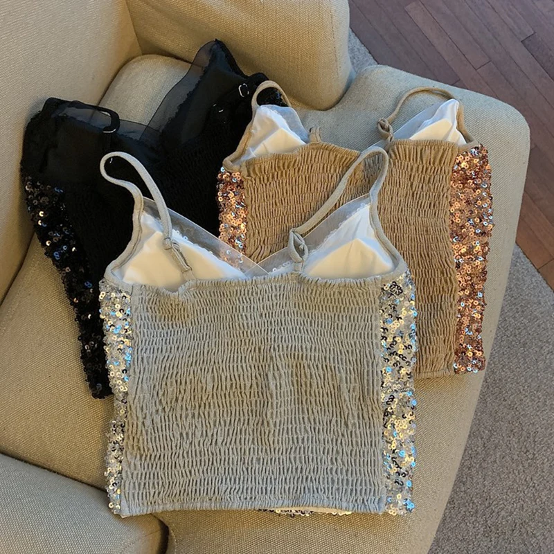 Sexy Sequin Party spaghetti Croset Bustier backless Slim Tanks and Camis Strap Glitter Crop Top Fashion Summer Women Clothes Y2k