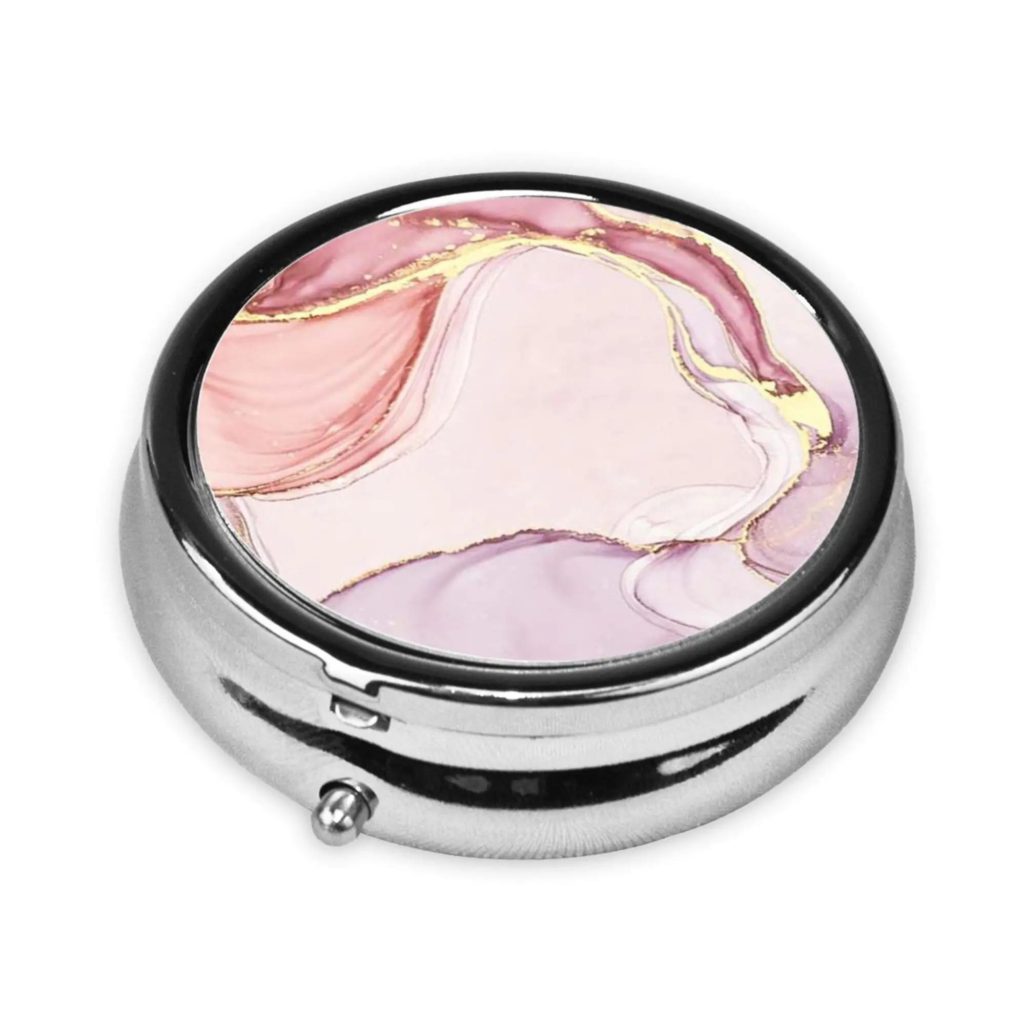 Pink Mable Pill Box Purse Pocket Small Round Silver Pill Case Decorative Box Metal Medicine Vitamin Pill Organizer Portable