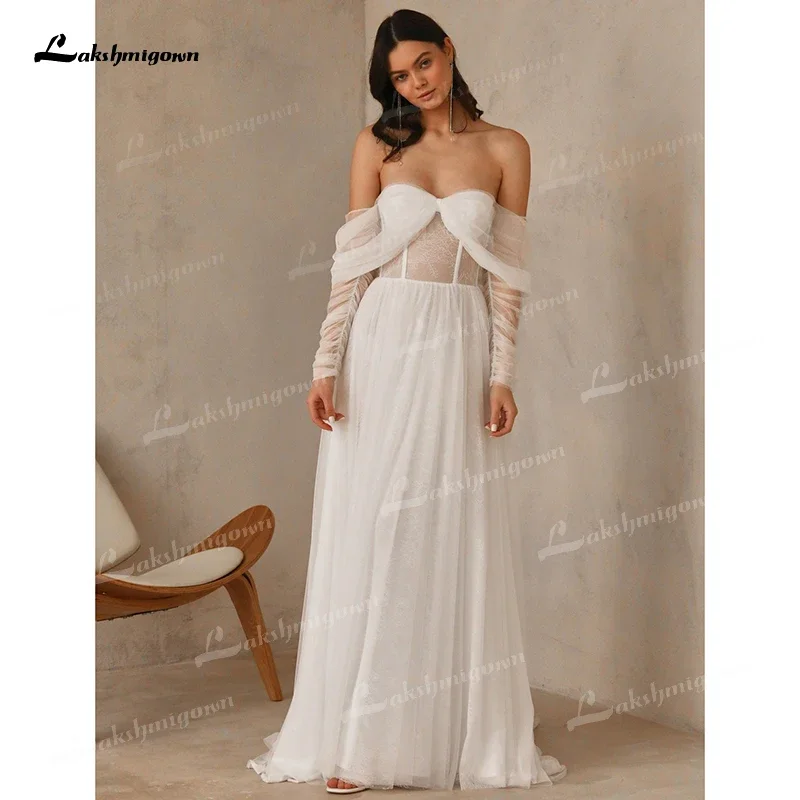 Vestido de novia bohemio con escote en forma de corazón y hombros descubiertos, vestido de novia plisado de encaje, corte en A, con cremallera, largo hasta el suelo, 2022