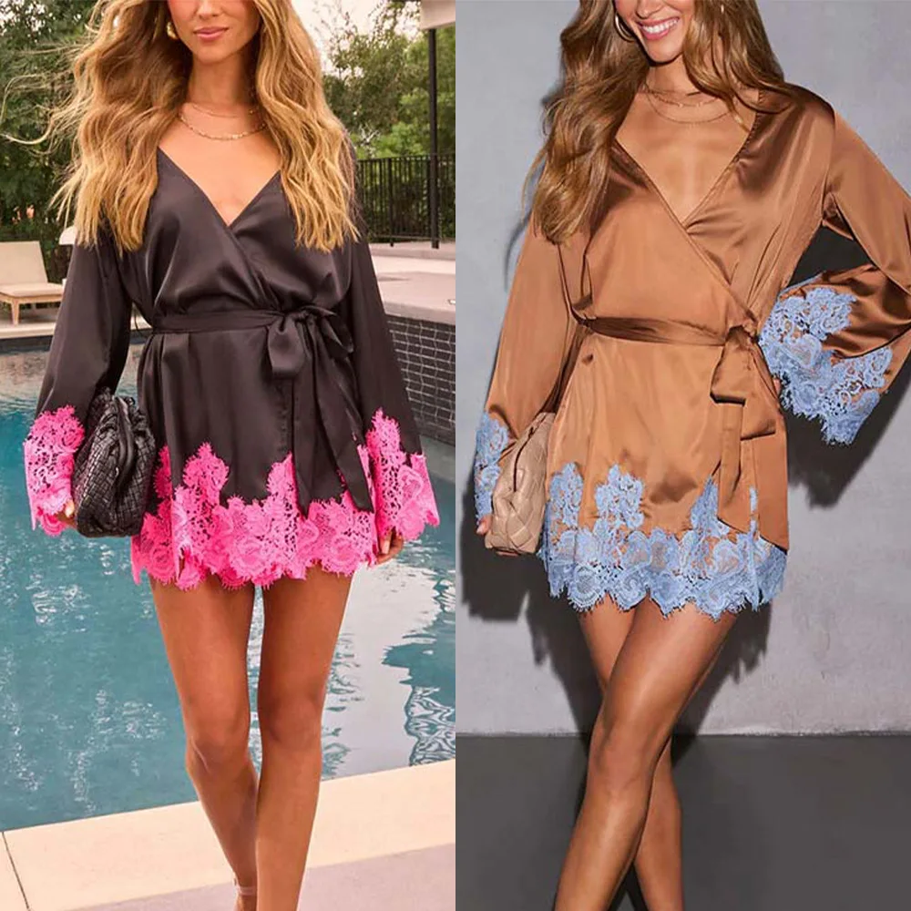 

Women's Spring Autumn New Mini Dresses Lace Patchwork Satin Sexy V-neck Leace-up Short Dress Hot Girl Streetwear A-line Vestidos