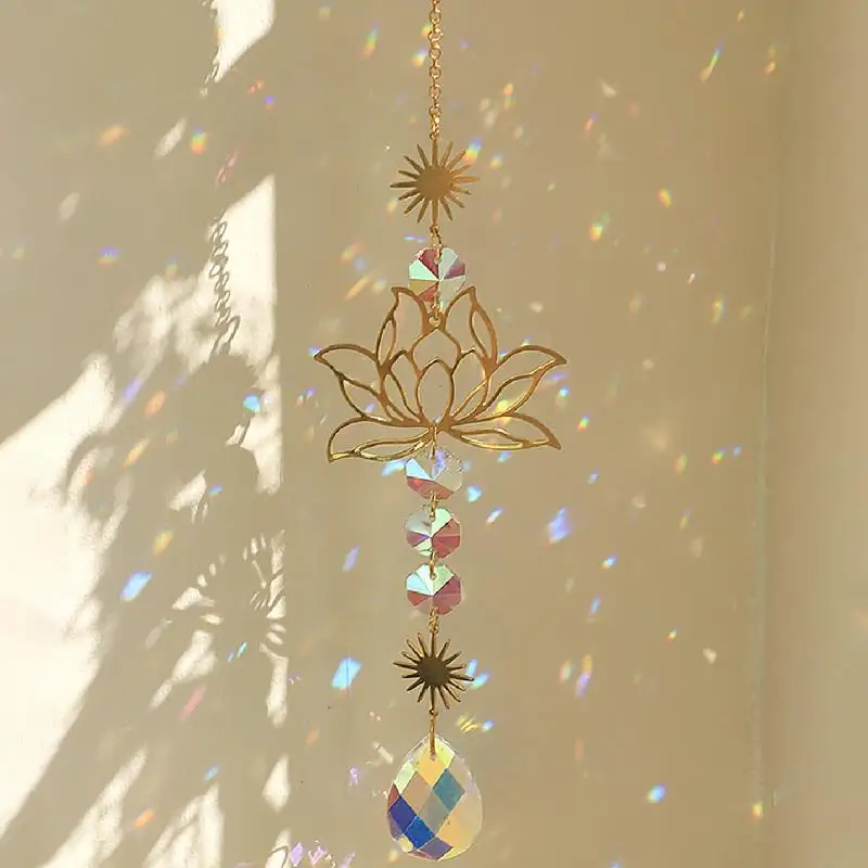 Sun Catcher Crystal Lotus Hanging Crystal Colored Glass Sun Catcher Outdoor Decoration Rainbow Maker Prism Chakra Garden Decora